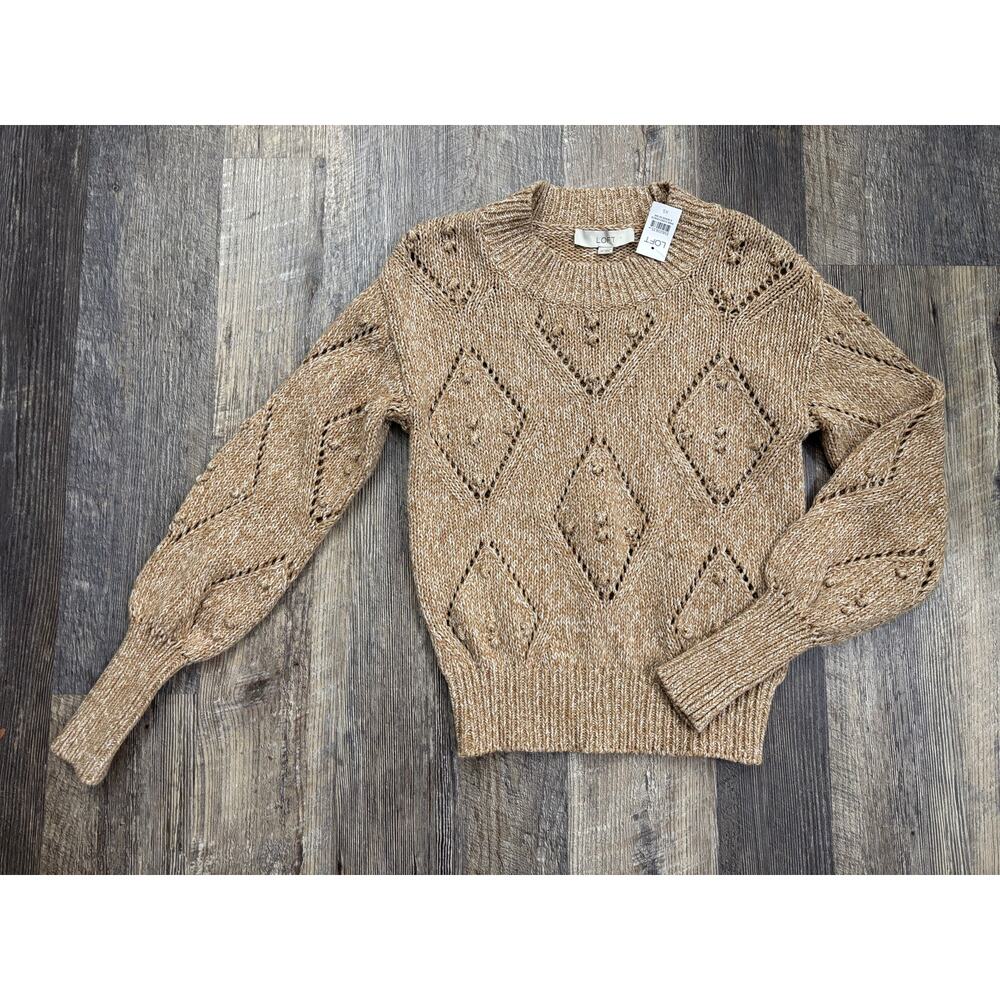 Loft Tan Marled Bobble Pointelle Knit Sweater Womens XS New With Tags 35820635